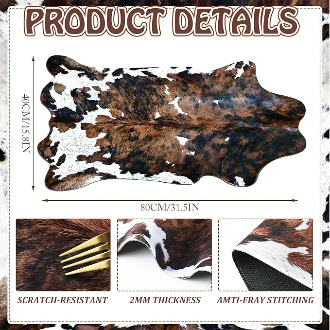 Sabary Large Cow Print Desk Mat Brown Cowhide Leather Print Gaming Mouse Pad Western Rug Irregular Shaped Animal Decor for Laptop PC Computer Office Home Desktop Decor 31.5" x 15.8"