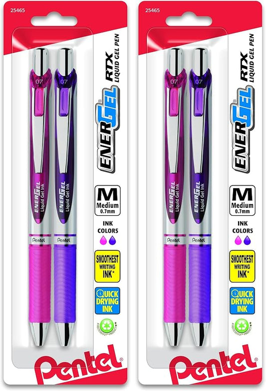 Pentel EnerGel RTX Retractable Liquid Gel Pen,Medium Line,Metal Tip,Pink/Violet Ink,(BL77BP2PV),2 Count (Pack of 2)
