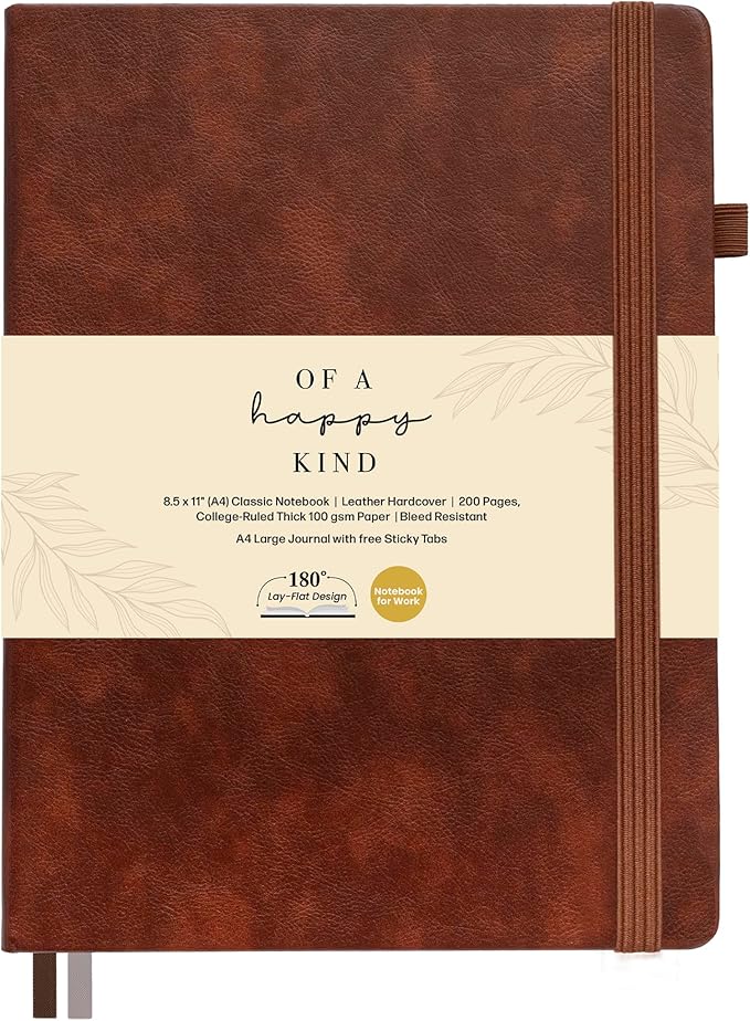 Classic Lined Journal Notebook 8.5x11" A4 Hardcover Leather - Brown | 200 Pages College Ruled Large with Sticky Tabs, Pockets, and Pen Loop for Writing and Journaling - Big Hardback Men and Women