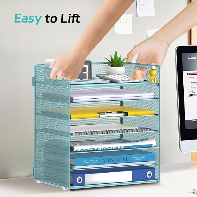 7 Tier Paper Organizer for Desk with Letter Trays & Handle Blue | Desk File Organizer with Handle for Sorting Papers, Files, Folders, Mail, Bills and Office Supplies
