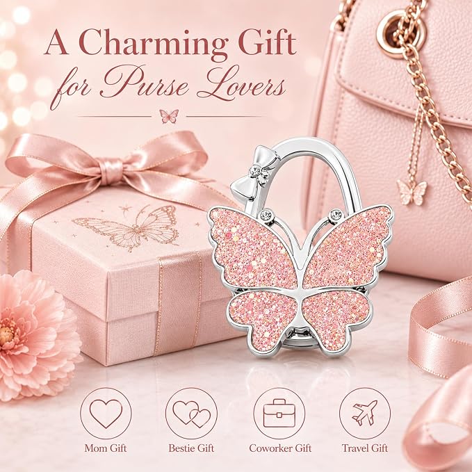 Purse Hook for Table, Foldable Handbag Hanger for Women, Portable Bag Holder with Non-Slip Base, Cute Bling Pink Glitter Butterfly Purse Table Hook for Restaurant Office Travel Gift