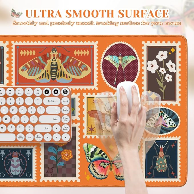 iCasso Insect Mouse Pads for Desk, Cute Computer Mat, XXL Desk Mat for Keyboard and Mouse, Aesthetic Bug Collage Mousepad with Stitched Edges, Keyboard Pad for Computer(Retro Orange)
