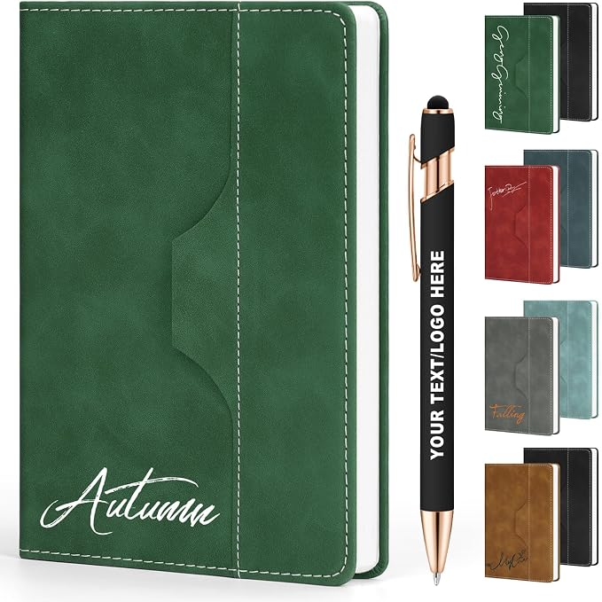 ENOMY Personalized Notebook Set Custom A5 Journal UV Printing Personalized Journal with 10 PC Metal Pens for College Birthday Travel Business Gift, Green