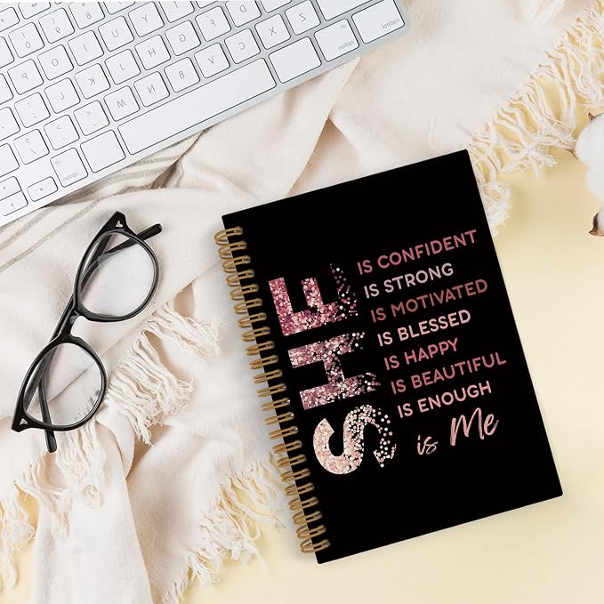 She Is Me Inspirational Spiral Notebook, Rose Gold Self Care Journal Notebook, Positive Notebooks for School Work, Self Love Office Supplies Gifts for Women Girls, 5.5x8.3 Inch