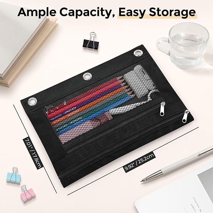 KONVINIT Pencil Pouch for 3 Ring Binder, Zipper Binder Pencil Pouch, Durable Cloth Pencil Case with 2 Pockets, Mesh Window Pencil Case Pouch for School Supplies, Cables, Earbuds, Makeup, Black