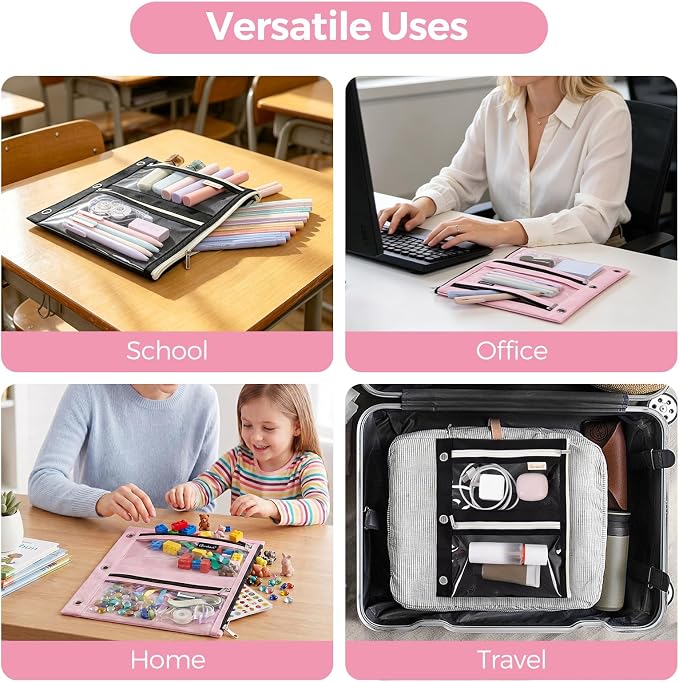 3 Ring Binder Pencil Pouch, 3-Pocket Zipper Pencil Case with Reinforced Grommets & Clear Window, Durable Pen Organizer for School Office Supplies Pink