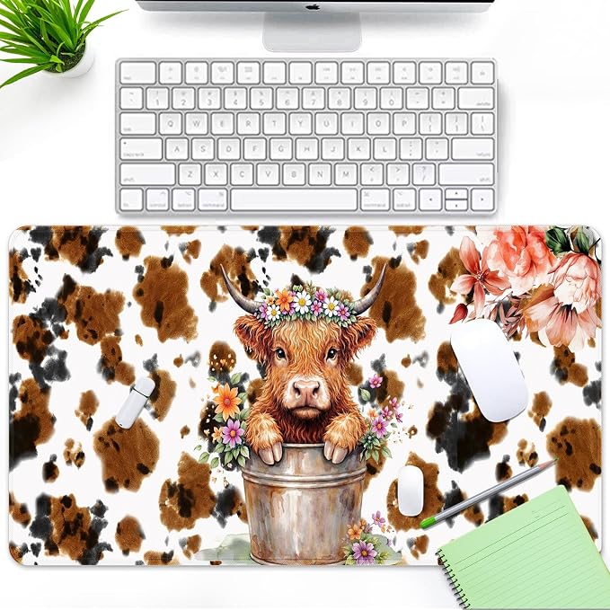 Britimes Cute Highland Cow Desk Mat Flowers Cartoon Print Deak Pad Non-Slip PU Leather Large Keyboard Mouse Pad Office Desktop Accessories for Office,Work,Home Decor(31.5"X15.7")