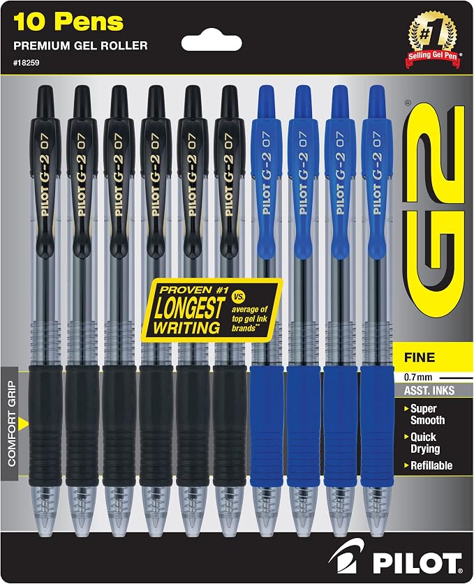 Pilot G2 Premium Refillable & Retractable Rolling Ball Gel Pens, Fine Point, 0.7 mm, 6 Black & 4 Blue Ink Pens, 10-Pack