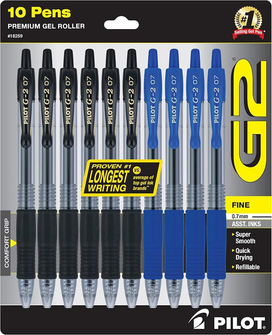 Pilot G2 Premium Refillable & Retractable Rolling Ball Gel Pens, Fine Point, 0.7 mm, 6 Black & 4 Blue Ink Pens, 10-Pack
