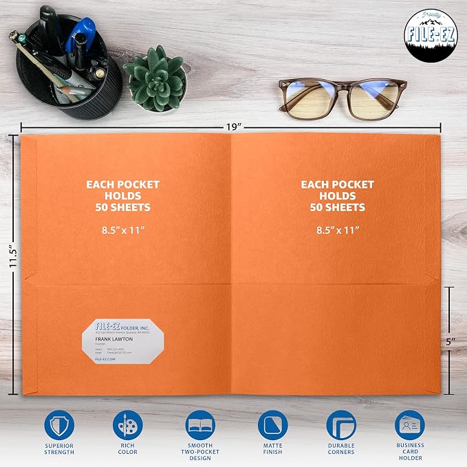 FILE-EZ Two-Pocket Folders, Orange, 125-Pack, Textured Paper, Letter Size (EZ-32465)