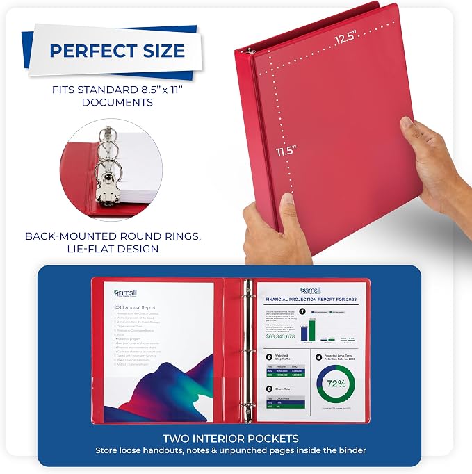 Samsill 1 Inch 3 Ring Binder, Economy Round Ring, Clear View Cover, 200 Sheet Capacity - for School, Home, Office - Red