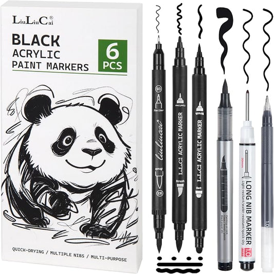 LIULIUCAI 6 Pcs Black Paint Pens– Fine Point Black Gel Pens, Dual-Tip Acrylic Paint Markers, Long Nib Alcohol Marker, Brush Tip Black Markers for Coloring Drawing Sketching Calligraphy Rock Painting