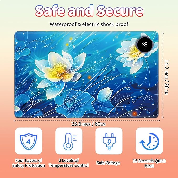 Heated Desk Pad Large Mouse Pad 23.6 x 14.1 inch with 3 Levels Heating & Auto Shut-Off Warm Mouse pad PU Leather Computer Mousepad for Home Office Work - Blue Lotus Flowers
