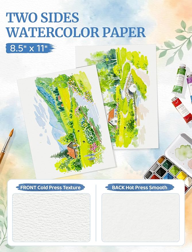 30 Sheets Watercolor Paper 8.5 x 11, Cold Press Watercolor Paper Bulk, 110 LB/230 GSM Water Color Paper Pad 8.5 x 11, Watercolor Supplies for Kids Adults, Paint Paper for Sketching, Acrylic, Gouache