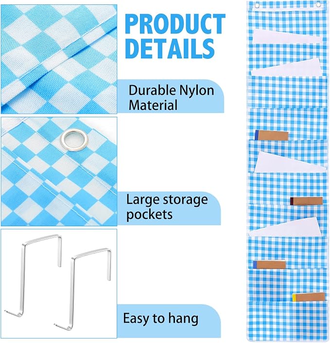 MotiMind 10 Blue Plaid Pockets Wall Hanging File Folders File Storage Pocket Chart for Classroom Hanging Wall Organizer with 2 Over The Door Hangers, 58" x 14" for School Classroom Office Home