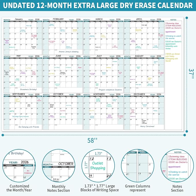 Large Dry Erase Calendar for Wall – Yearly Wall Calendar Dry Erase Large | 58"x 37", 12-Month Undated Blank Calendar, Reusable Laminated with 15 Round Stickers, Perfect for Office, Home and Classroom