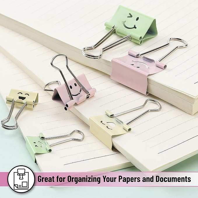Mr. Pen- Cute Binder Clips, 80 pcs, Assorted Sizes | Smiley Binder Paper Clips, Bulk Paper Clamps for Office Supplies, Home, School, Business, Document Organizing