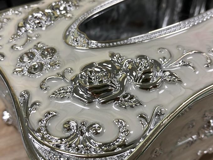 Luxurious Rose Tissue Box with Imitation Diamonds,Silver-White | Embossed Flowers，9.45"x5.43"x3.94"，Elegant Tissue Paper Holders，for Home Toilet Bath Hotel