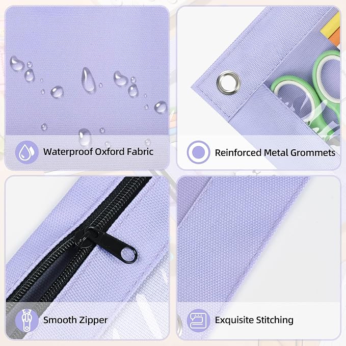 Lanpn Pencil Pouch for 3 Ring Binder 6 Pack, Purple Binder Pen Bags with Zipper, Cute 3 Holes Pencil Pouches Organizer for Boy Girl Kids School Student, Reinforced Grommets & Clear Window