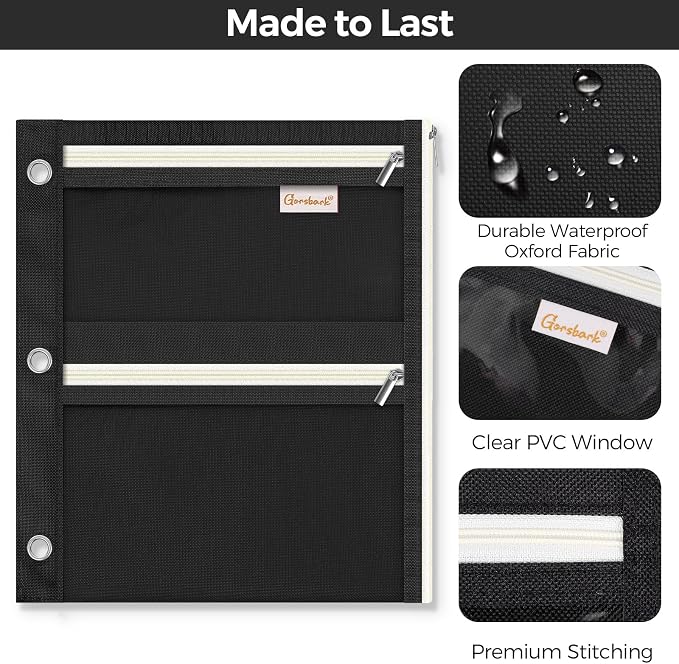 3 Ring Binder Pencil Pouch, 3-Pocket Zipper Pencil Case with Reinforced Grommets & Clear Window, Durable Pen Organizer for School Office Supplies Black