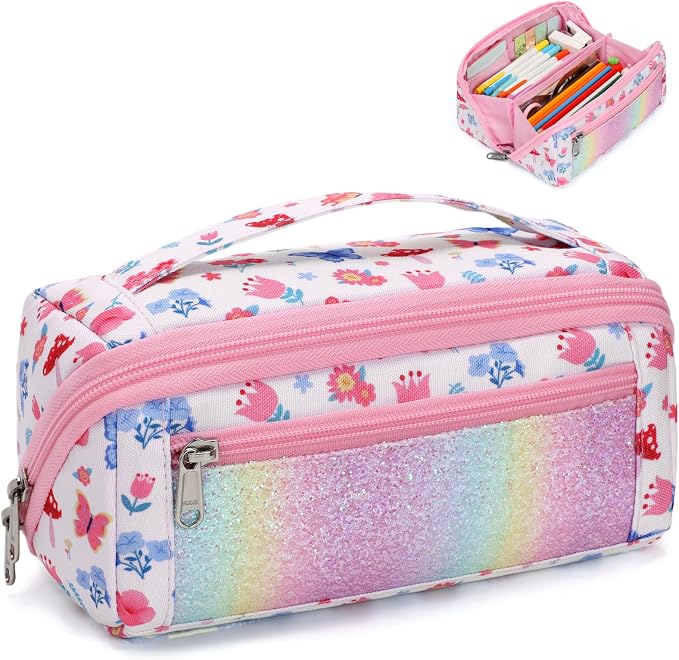 Large Pencil Case for Girls - Aesthetic Pencil Pouch for School | Kids Pencil Case & Wide Handle, Water Resistent Organizer Box,Fits 50 Pens & Markers, Daily Use, Floral Butterfly