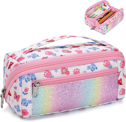 Large Pencil Case for Girls - Aesthetic Pencil Pouch for School | Kids Pencil Case & Wide Handle, Water Resistent Organizer Box,Fits 50 Pens & Markers, Daily Use, Floral Butterfly