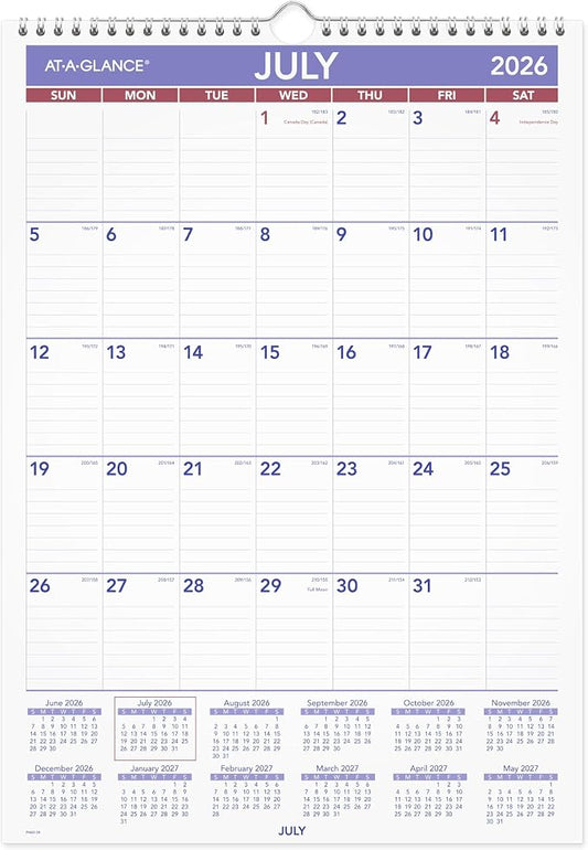 AT-A-GLANCE Wall Calendar 2026-2027 Planner, Academic 12-Month July-June, Monthly, 12" x 17", 12-Month, Ruled Daily Blocks (PMA228)