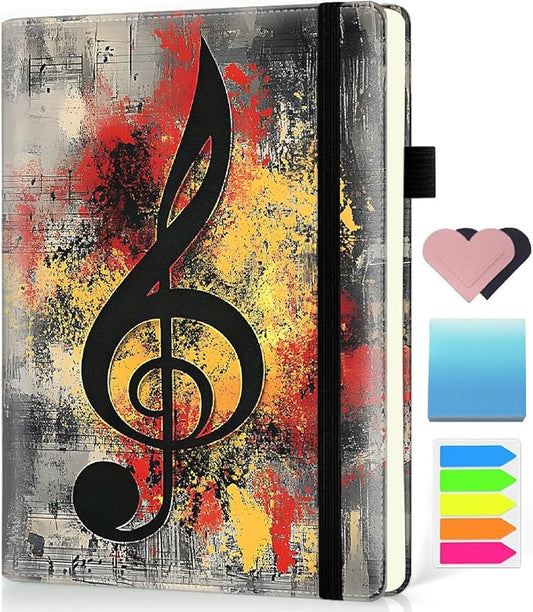 Hardcover Executive Notebooks, A5 PU Leather Lined Journal Notebook, 200 Pages Thick Paper Subject Notebooks for School,Work,Home Writing Business Notebook, Diary Book ，Gold Music Notes