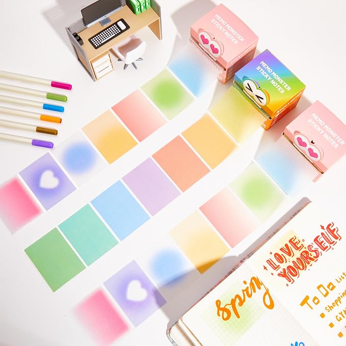 Monster Sticky Notes – Glittery Semi-Transparent Full-Adhesive Sticker Notes with Cute Monster Box, 105 Sheets for School Supplies, Office Products, Journaling, Scrapbooking & Labels （Rainbow）