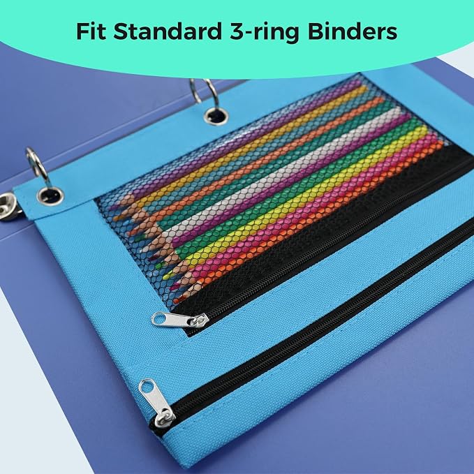 Pencil Pouch for 3 Ring Binder, Pencil Case with Zipper, 600D Fabric Pencil Pouch Bag Holder Accessories, Clear Window Pencil Case Aesthetic Back to School Organizer Pockets for Boy Girl (Sky Blue)