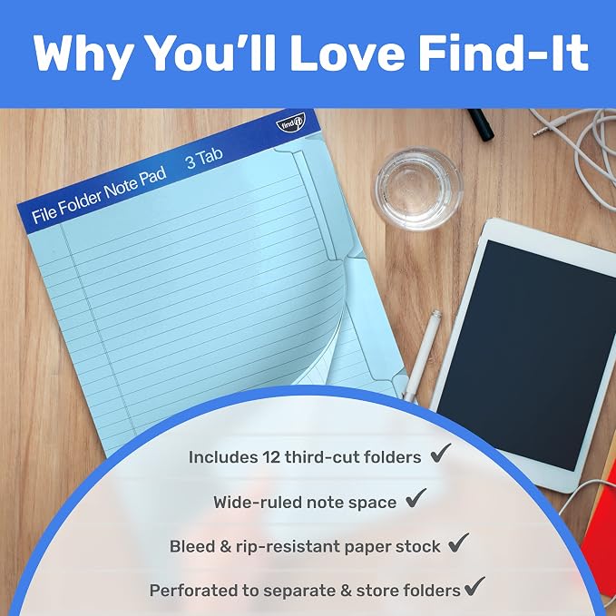 Find It File Folder Notepad - Pack of 12-9.5 x 12.5 Inch Notebook Organizer Folders for Filing, Document, and Clipboard Organization - Blue | Wide-ruled clipboard-style pages, tear-out perforated sheets, great for office, home, and school filing organi...