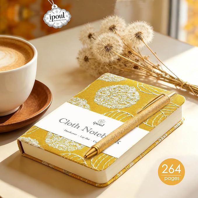 A6 Notebook, Pocket Journal, Embroidered Journal for Girl, Small Fabric Notebook, Lay Flat Hardcover Journal, 4x6 Lined Notebook & Sketchbook, Cute Diary, Writing Journal for Women, Yellow