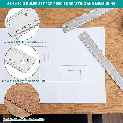 Metal Ruler 6 Inch 12 Inch Stainless Steel Ruler with Cork Backing, Non-Slip with Inch and Centimeters, Straight Edge Rulers for Student School Office Drafting Tools