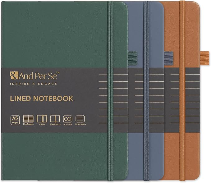 &And Per Se Lined Notebooks 3-Pack Gift Set, A5 Hardcover Journals, 160 Pages 100gsm Thick Paper, 3 Assorted Colors (Brown, Blue, Green)