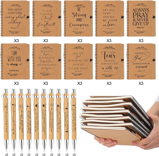Kosiz 60 Pcs/ 30 Set Christian Gift Bulk A5 Spiral Notebook 5.5"x8.3" Christian Prayer Journal Bible Ballpoint Pen Religious Gift for Women Sunday School Church Member Back to School Gifts (Brown)