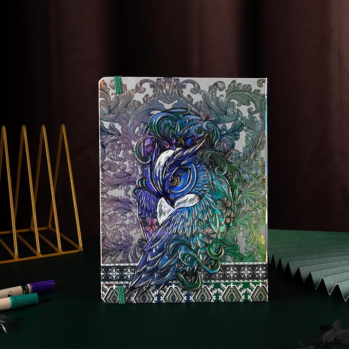 MGGAO B5 Lined Journal Notebook, Aesthetic Owl Embossed, Hardcover | Wide Ruled, 6.8" X 9.1", 192 Pages, Ribbon, Elastic Band, For Women & Men, For School & Office, Writing & Note Taking