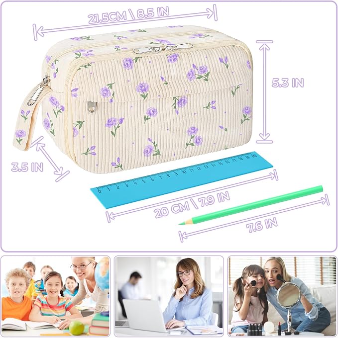 WOBAGMEN Cute Pencil Case,Large Corduroy Zippered Pencil Case Pouch, aesthetic Pencil Bag with Compartments, Pencil Pouch School Supplies (HY-corduroy pc-purple floral)