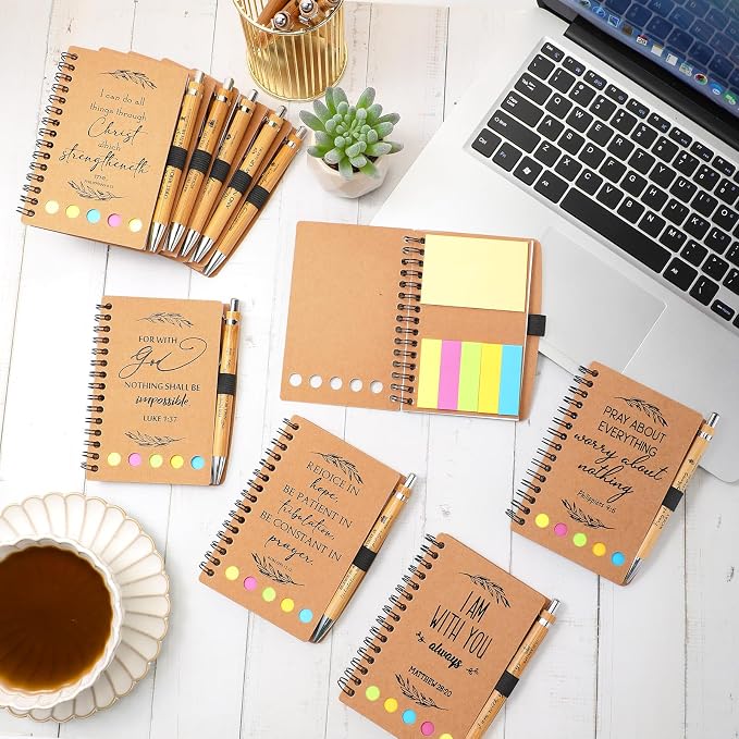 Kosiz 300 Pcs/ 150 Set Christian Gift Bulk Bible Verse Bamboo Pen Spiral Bible Notebook with Notes Religious Basket Stuffers for Back to School Teacher Church Members Coworker (Kraft)