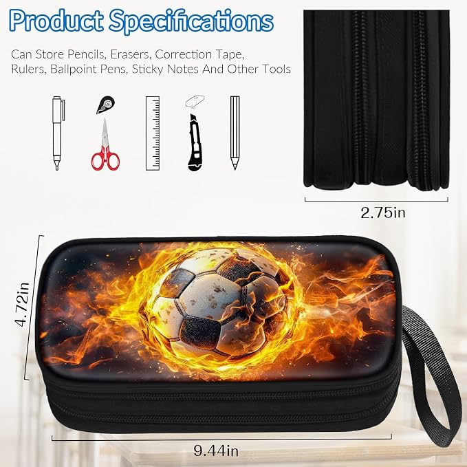TILYTADLY Large Pencil Case for Boys - Soccer Boys Pencil Pouch with Zipper Compartments - Big Capacity Pen Box Pen Bag Organizer with Keychain for Kids Teens School