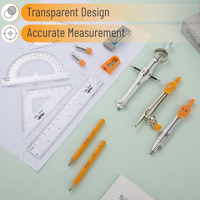 Mr. Pen- Geometry Set, 13 pcs, 3 Metal Compasses, Protractor, 6" Ruler | 45° & 30°/60° Set Squares, Pencils, Lead Refills, Sharpener & Eraser for Math, Drafting & Classroom Use | 45° & 30°/60° Set Squares, Pencils, Lead Refills, Sharpener & Eraser for ...