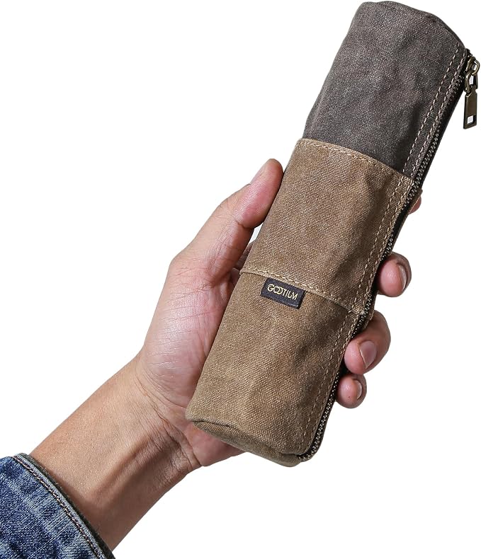 GOOTIUM Waxed Canvas Pencil Pouch - Vintage Zippered Stationery Organizer for Pens, Pencils, and Accessories Handmade Multi-Purpose Utility Case, Tan