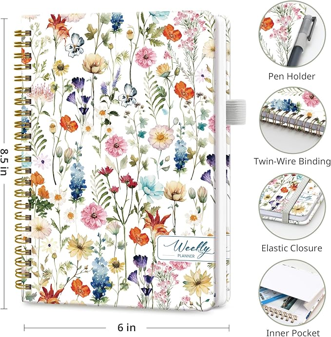 Taja Undated Weekly Planner, Weekly To Do List Notebook with Goal & Habit Tracker Organizer, A5 Weekly Planner Notebook with Spiral Binding, 6.1" x 8.2" - Floral