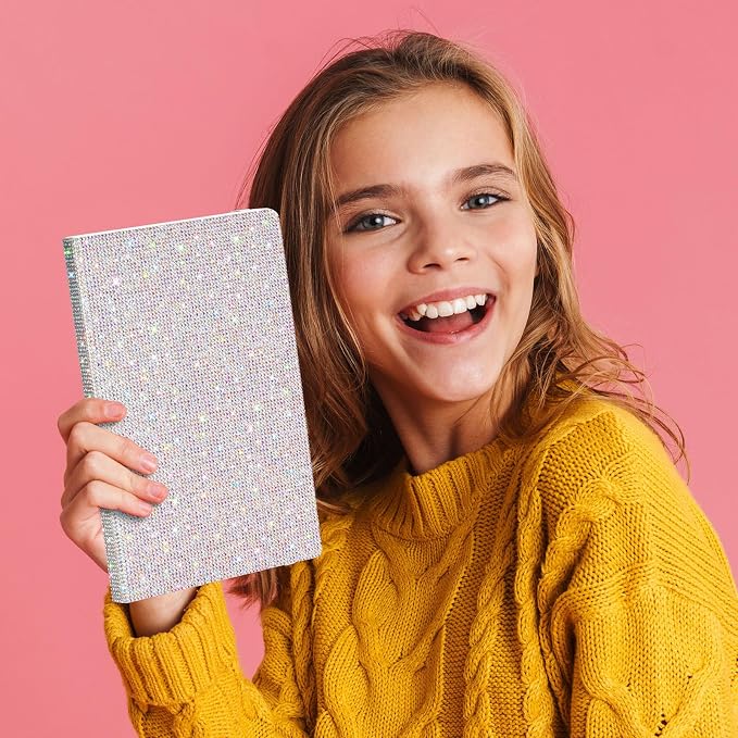 Rhinestone Pen & Glitter Notebook Set, Hard Cover Bling Diary Journal for Girls, Cute School Supplies for Back to School, Sparkly Desk Accessories Gift for Women(Rhinestone,A5,Silver)