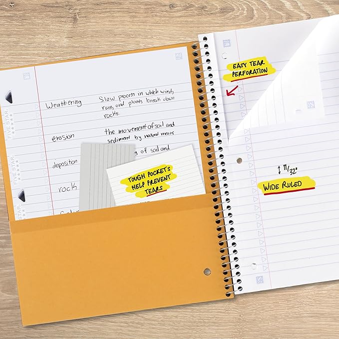 Five Star Spiral Notebook + Study App, 6 Pack, 1 Subject, Wide Ruled Paper, 8" x 10-1/2", 100 Sheets, Fights Ink Bleed, Water Resistant Cover, Assorted Colors (38042)