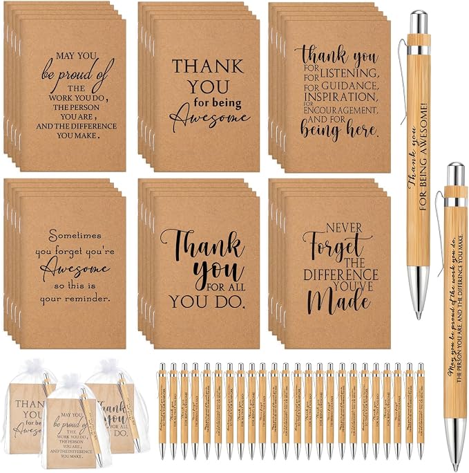 Teling 30 Sets Employee Appreciation Gifts Include Thank You Notebook Inspirational Wooden Retractable Ballpoint Pen with Organza Bag Notebook Journal for Back to School Staff Coworker Teachers