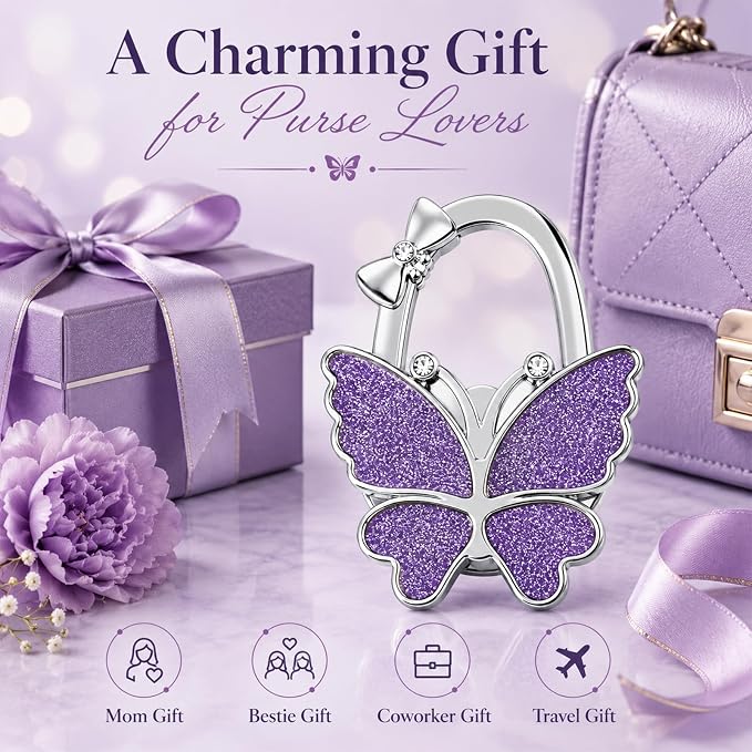 Purse Hook for Table, Foldable Handbag Hanger for Women, Portable Bag Holder with Non-Slip Base, Cute Matte Purple Butterfly Purse Table Hook for Restaurant Office Travel Gift
