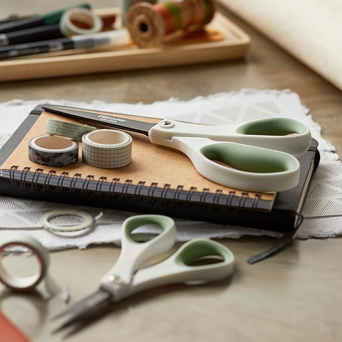 Fiskars Everyday Fashion Scissors 2-Pack, Non-Stick Stainless Steel Blades, 8" & 5" Scissors Set, Ergonomic SoftGrip Handles for Home, Office & Craft Cutting, White & Green Forest Fern Color
