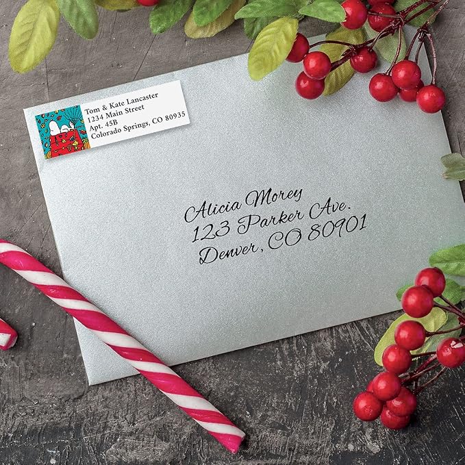 Colorful Images Peanuts Return Address Labels | Snoopy Four Seasons , 240 Count, Self-Adhesive on Flat-Sheet Labels, Customize with Name & Shipping Address