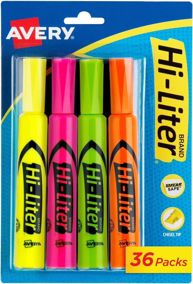 Avery Hi-Liter Desk-Style Highlighters, Smear Safe Ink, Chisel Tip, Assorted Colors (Yellow, Pink, Green, and Orange), 4 Highlighters per Pack, 144 Total (36-Pack of 24063)