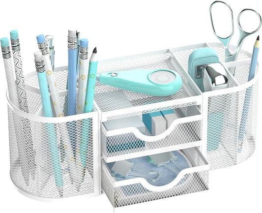 SUPEASY Mesh Desk Organizer, Desk Organizers and Accessories, Pen Holder with Drawers, Pencil Holder for Desk with 2 Drawer for Office Supplies, White